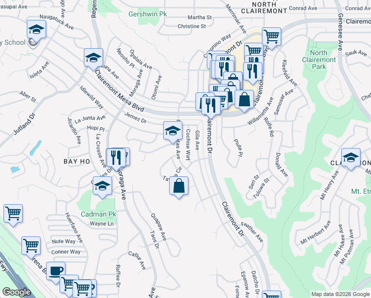 map of restaurants, bars, coffee shops, grocery stores, and more near 4538 Cochise Way in San Diego