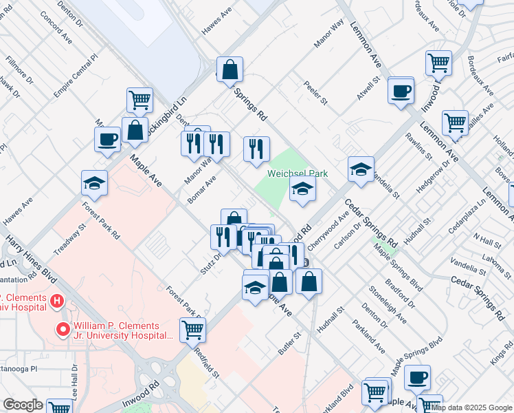 map of restaurants, bars, coffee shops, grocery stores, and more near 2722 Kimsey Drive in Dallas