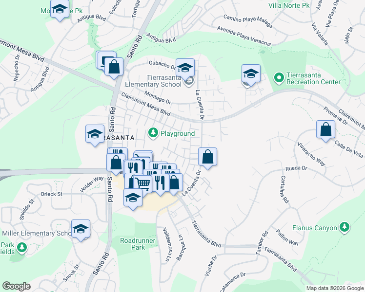 map of restaurants, bars, coffee shops, grocery stores, and more near 5150 Abuela Drive in San Diego