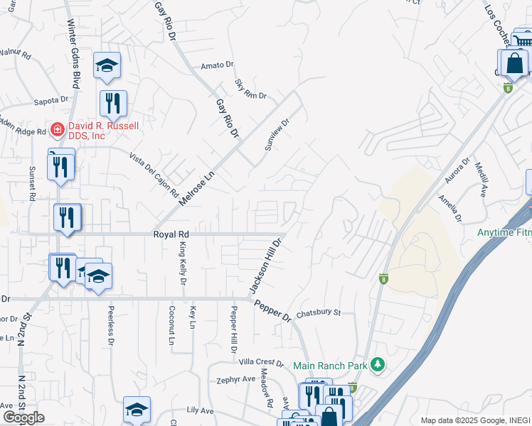 map of restaurants, bars, coffee shops, grocery stores, and more near 12564 Royal Road in El Cajon