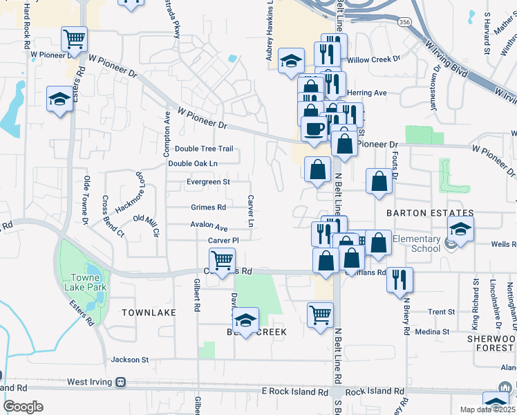 map of restaurants, bars, coffee shops, grocery stores, and more near 1016 Carver Lane in Irving