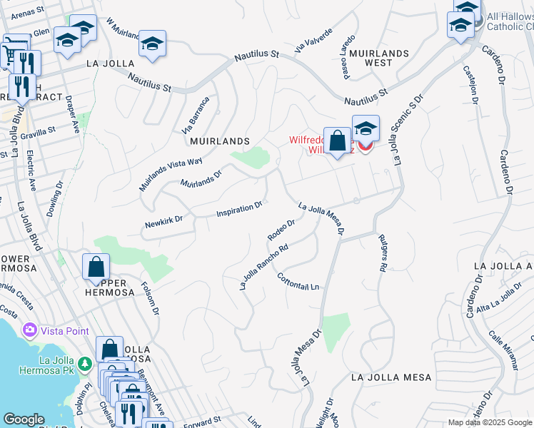 map of restaurants, bars, coffee shops, grocery stores, and more near 1419 Inspiration Drive in San Diego