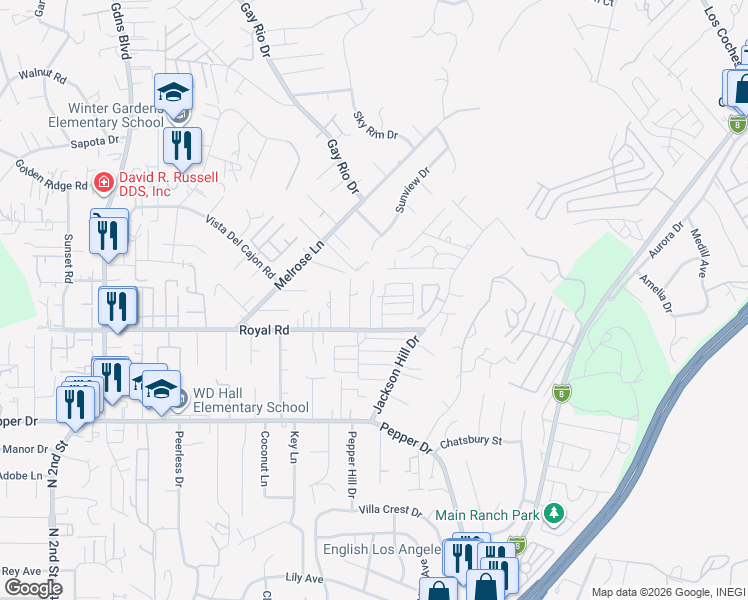 map of restaurants, bars, coffee shops, grocery stores, and more near in Winter Gardens