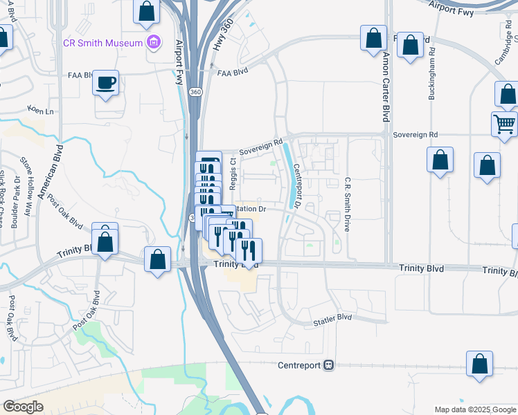 map of restaurants, bars, coffee shops, grocery stores, and more near 14301 Centre Station Drive in Fort Worth