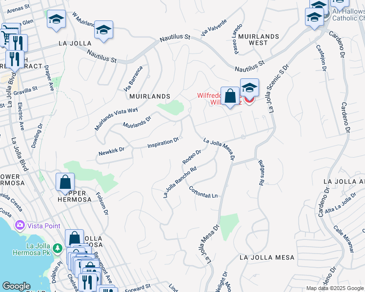map of restaurants, bars, coffee shops, grocery stores, and more near 1419 Inspiration Drive in San Diego