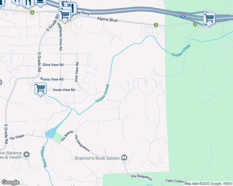 map of restaurants, bars, coffee shops, grocery stores, and more near Dehesa Road in Alpine