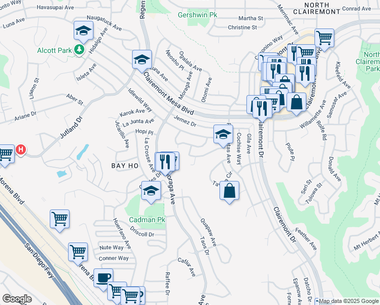 map of restaurants, bars, coffee shops, grocery stores, and more near 4445 Hedionda Court in San Diego