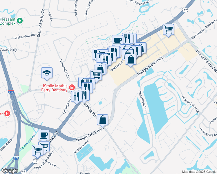 map of restaurants, bars, coffee shops, grocery stores, and more near 1119 Weaver Circle in Mount Pleasant