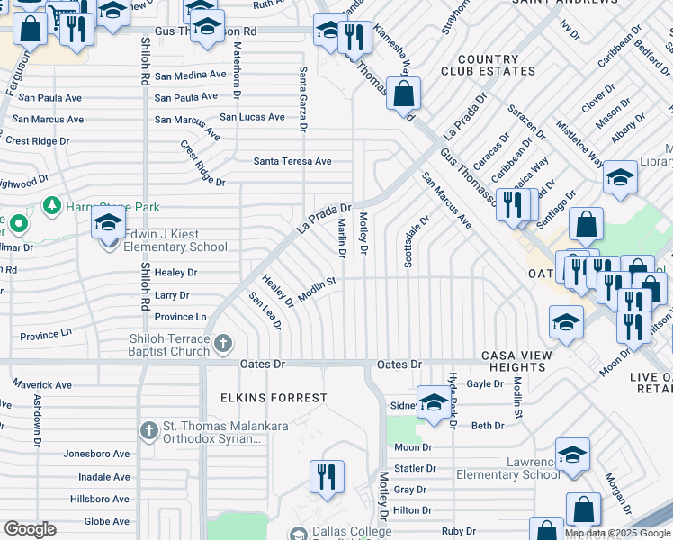 map of restaurants, bars, coffee shops, grocery stores, and more near 9880 Marlin Drive in Dallas