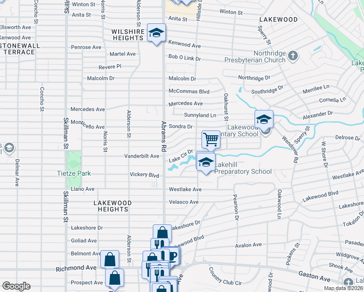 map of restaurants, bars, coffee shops, grocery stores, and more near 6435 Lake Circle Drive in Dallas