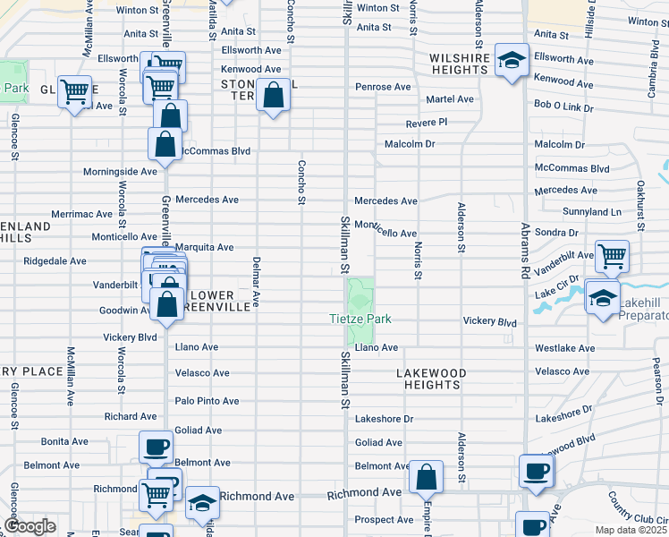 map of restaurants, bars, coffee shops, grocery stores, and more near 6038 Vanderbilt Avenue in Dallas