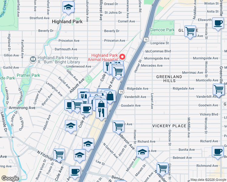 map of restaurants, bars, coffee shops, grocery stores, and more near 3031 Hester Avenue in Dallas