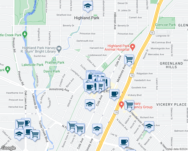 map of restaurants, bars, coffee shops, grocery stores, and more near 4611 Travis Street in Dallas