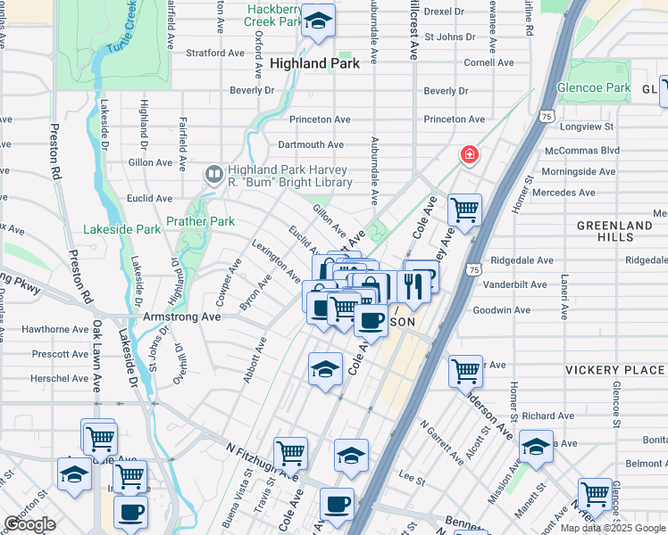 map of restaurants, bars, coffee shops, grocery stores, and more near 4611 Travis Street in Dallas