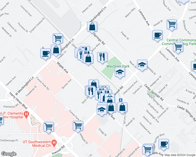 map of restaurants, bars, coffee shops, grocery stores, and more near 2626 Kimsey Drive in Dallas
