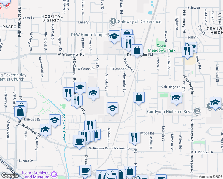 map of restaurants, bars, coffee shops, grocery stores, and more near 1000 Armeda Avenue in Irving