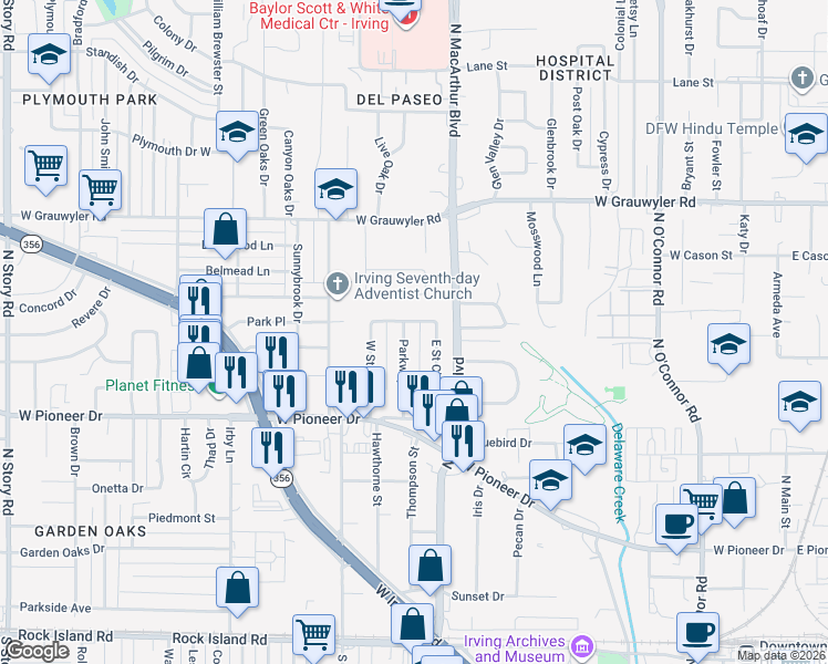map of restaurants, bars, coffee shops, grocery stores, and more near 119 East Saint Clair Drive in Irving
