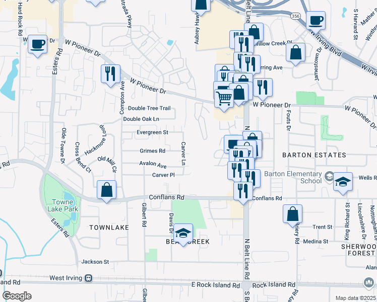 map of restaurants, bars, coffee shops, grocery stores, and more near 1016 Carver Lane in Irving