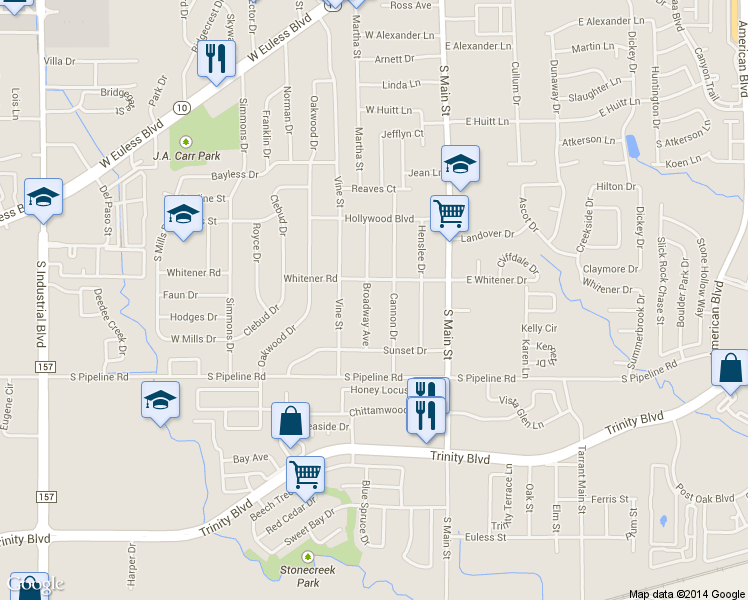 map of restaurants, bars, coffee shops, grocery stores, and more near 904 Broadway Avenue in Euless