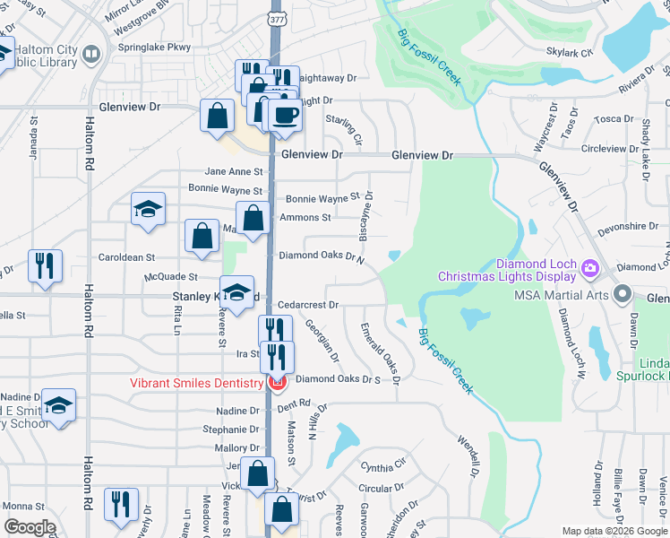 map of restaurants, bars, coffee shops, grocery stores, and more near 5716 Maryview Terrace in Fort Worth