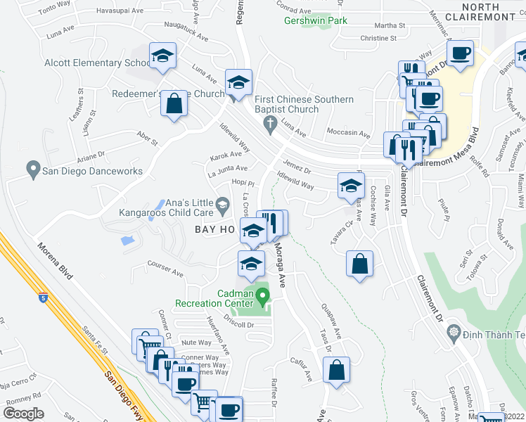 map of restaurants, bars, coffee shops, grocery stores, and more near 4471 Moraga Avenue in San Diego