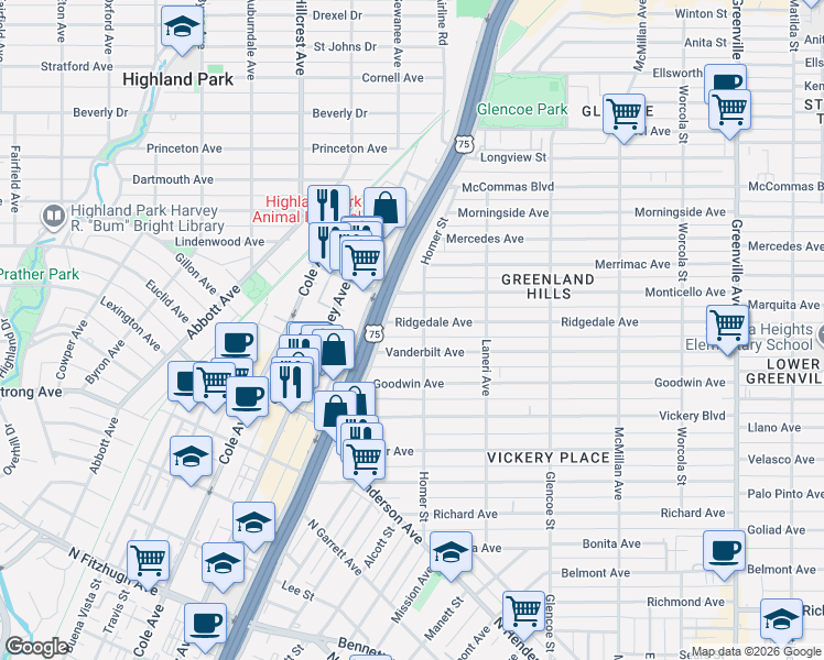 map of restaurants, bars, coffee shops, grocery stores, and more near 5139 Vanderbilt Avenue in Dallas
