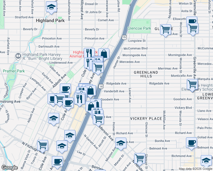 map of restaurants, bars, coffee shops, grocery stores, and more near 5139 Vanderbilt Avenue in Dallas