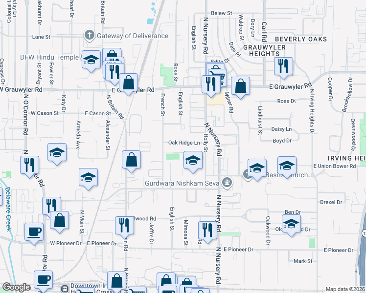 map of restaurants, bars, coffee shops, grocery stores, and more near 630 Oak Ridge Lane in Irving