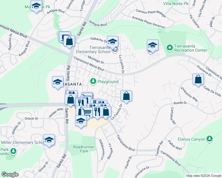 map of restaurants, bars, coffee shops, grocery stores, and more near 5150 Abuela Drive in San Diego