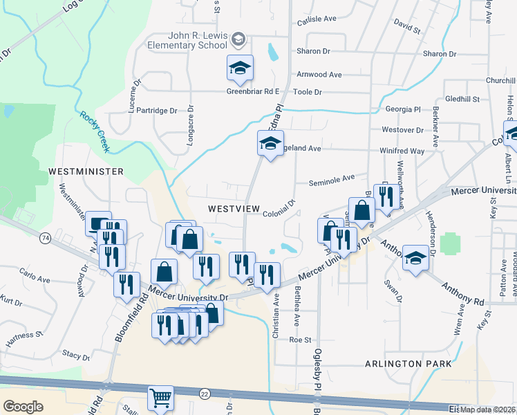 map of restaurants, bars, coffee shops, grocery stores, and more near 1610 Edna Place in Macon