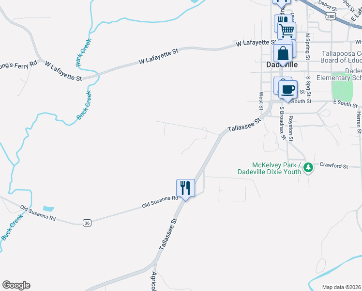 map of restaurants, bars, coffee shops, grocery stores, and more near 712 South Tallassee Street in Dadeville