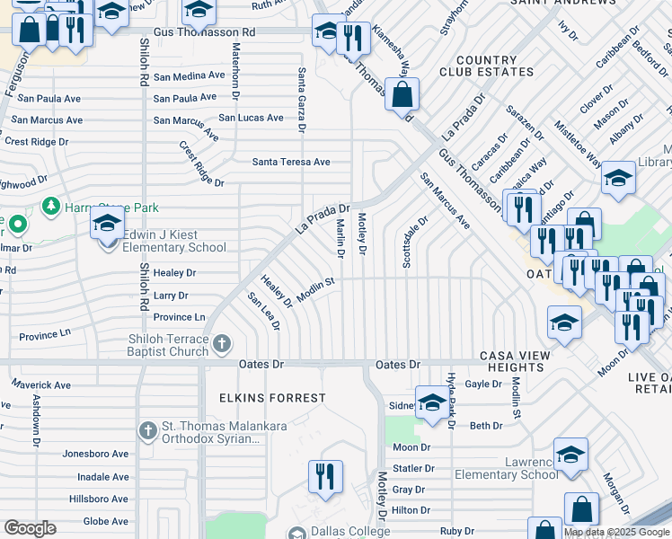 map of restaurants, bars, coffee shops, grocery stores, and more near 9880 Marlin Drive in Dallas