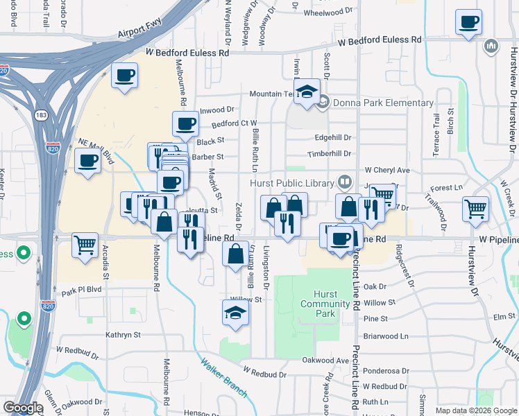 map of restaurants, bars, coffee shops, grocery stores, and more near 812 Billie Ruth Lane in Hurst