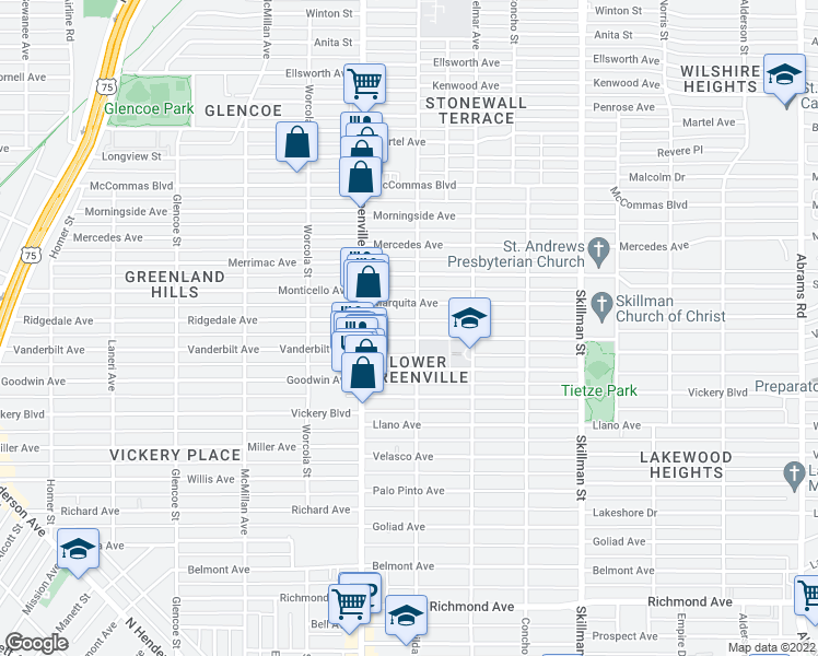 map of restaurants, bars, coffee shops, grocery stores, and more near 5746 Vanderbilt Avenue in Dallas
