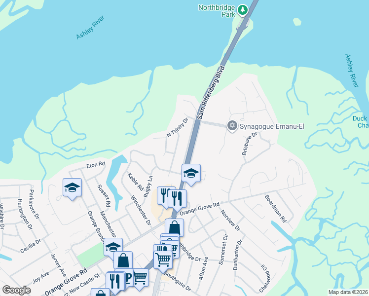 map of restaurants, bars, coffee shops, grocery stores, and more near 1935 Campion Hall Road in Charleston
