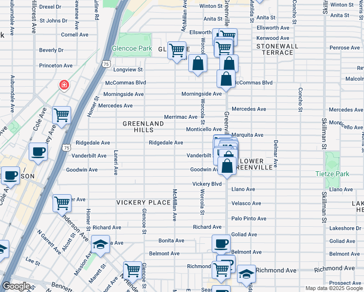 map of restaurants, bars, coffee shops, grocery stores, and more near 5518 Vanderbilt Avenue in Dallas