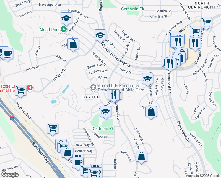 map of restaurants, bars, coffee shops, grocery stores, and more near 4471 Moraga Avenue in San Diego