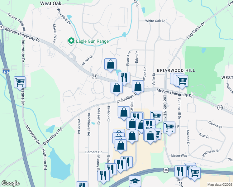 map of restaurants, bars, coffee shops, grocery stores, and more near 4551-4899 Ebenezer Church Road in Macon