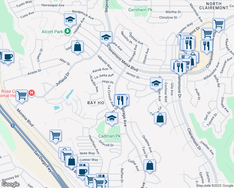 map of restaurants, bars, coffee shops, grocery stores, and more near 4471 Moraga Avenue in San Diego
