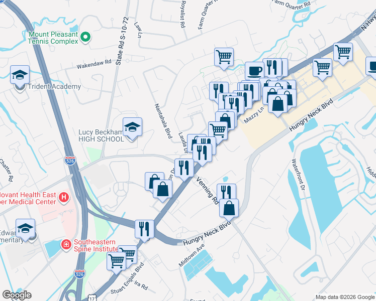 map of restaurants, bars, coffee shops, grocery stores, and more near 1613 Lauda Drive in Mount Pleasant