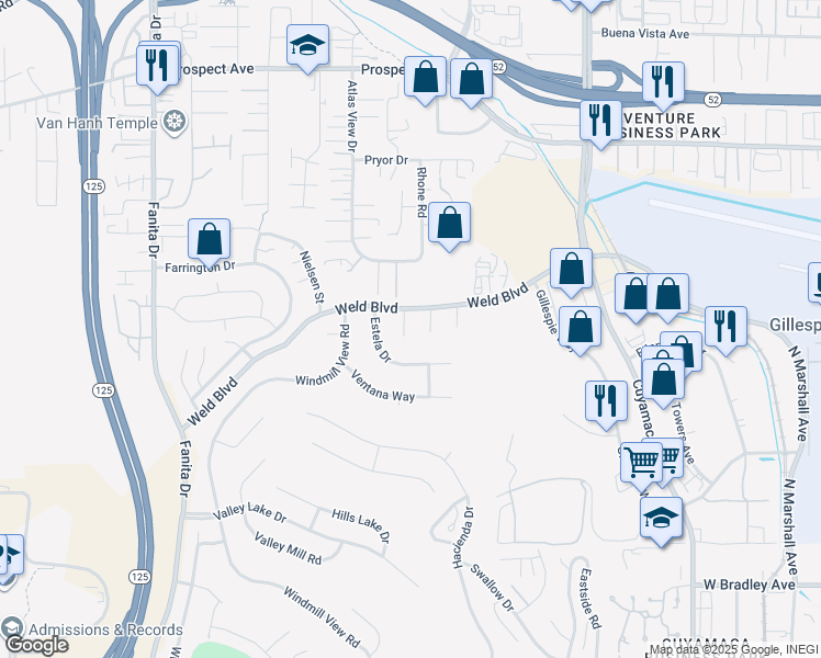 map of restaurants, bars, coffee shops, grocery stores, and more near 2161 Puesta Place in El Cajon