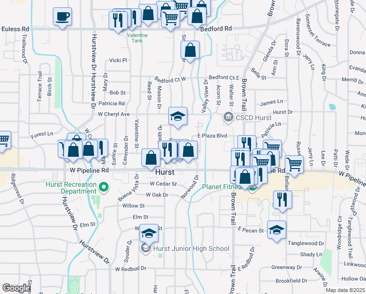 map of restaurants, bars, coffee shops, grocery stores, and more near 100 East Plaza Boulevard in Hurst