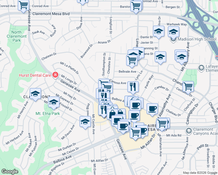 map of restaurants, bars, coffee shops, grocery stores, and more near Chateau Drive in San Diego