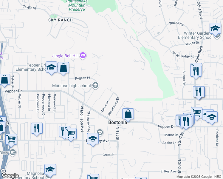 map of restaurants, bars, coffee shops, grocery stores, and more near 1407 Somermont Drive in El Cajon