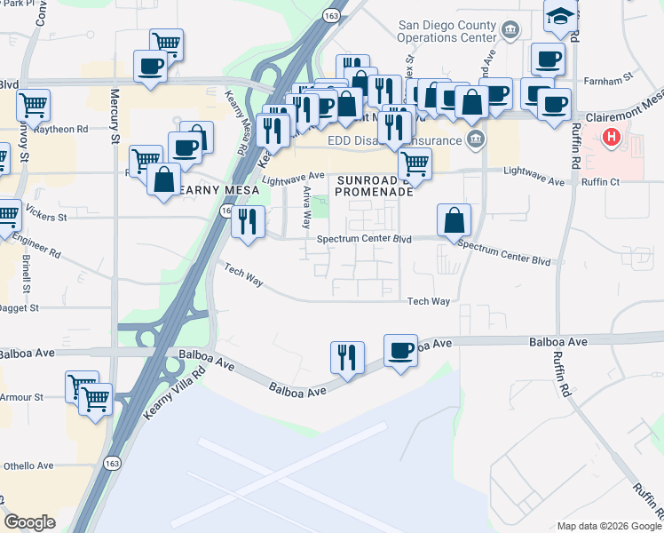 map of restaurants, bars, coffee shops, grocery stores, and more near 31 Spectrum Center Boulevard in San Diego