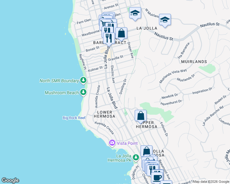 map of restaurants, bars, coffee shops, grocery stores, and more near 6425 Electric Avenue in San Diego