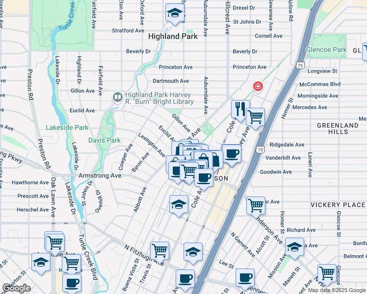 map of restaurants, bars, coffee shops, grocery stores, and more near 3501 Gillon Avenue in Dallas