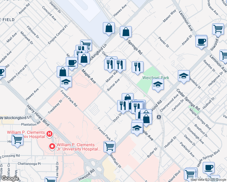 map of restaurants, bars, coffee shops, grocery stores, and more near 2604 Bomar Avenue in Dallas