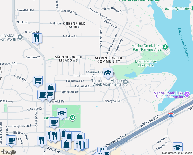 map of restaurants, bars, coffee shops, grocery stores, and more near 4900 Spoon Drift Drive in Fort Worth