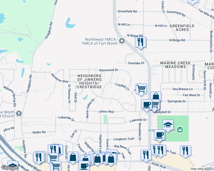 map of restaurants, bars, coffee shops, grocery stores, and more near 4901 Jamesway Road in Fort Worth